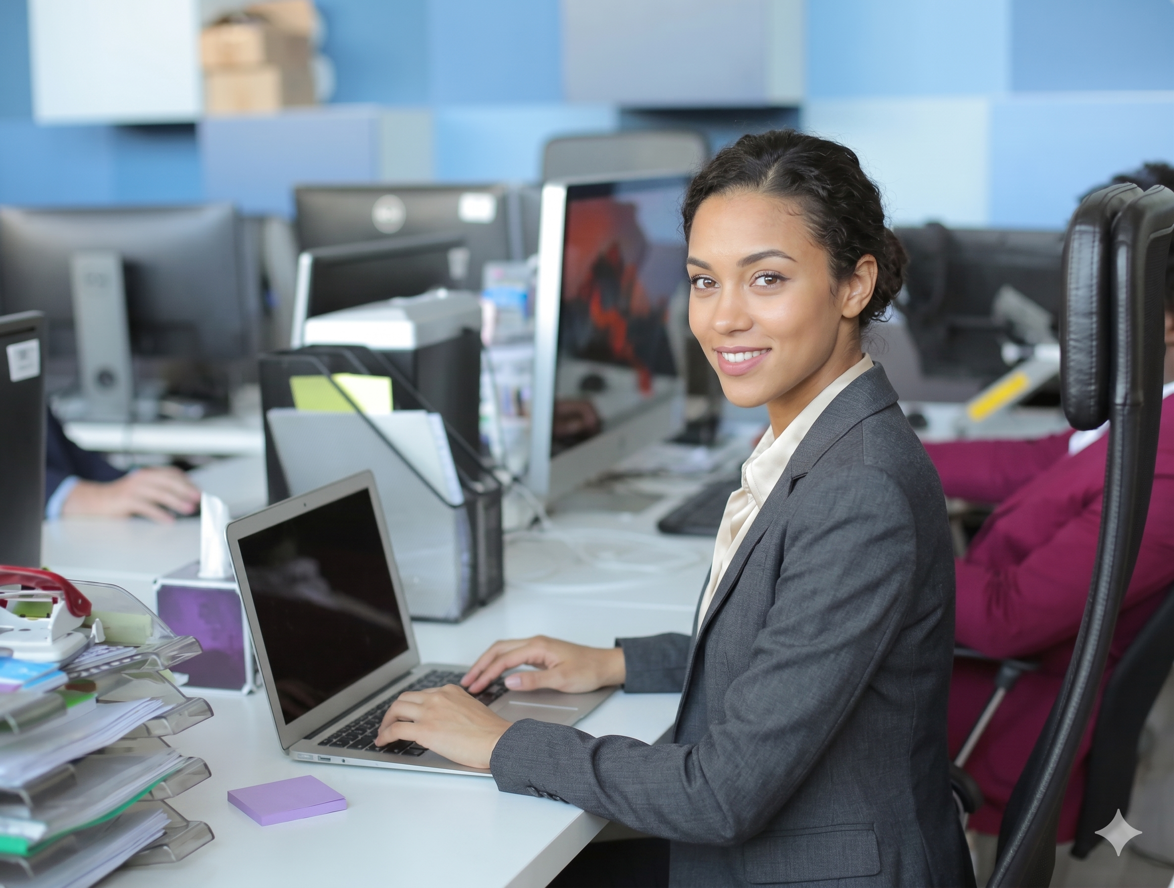 A professional administrator at a front desk in a modern office