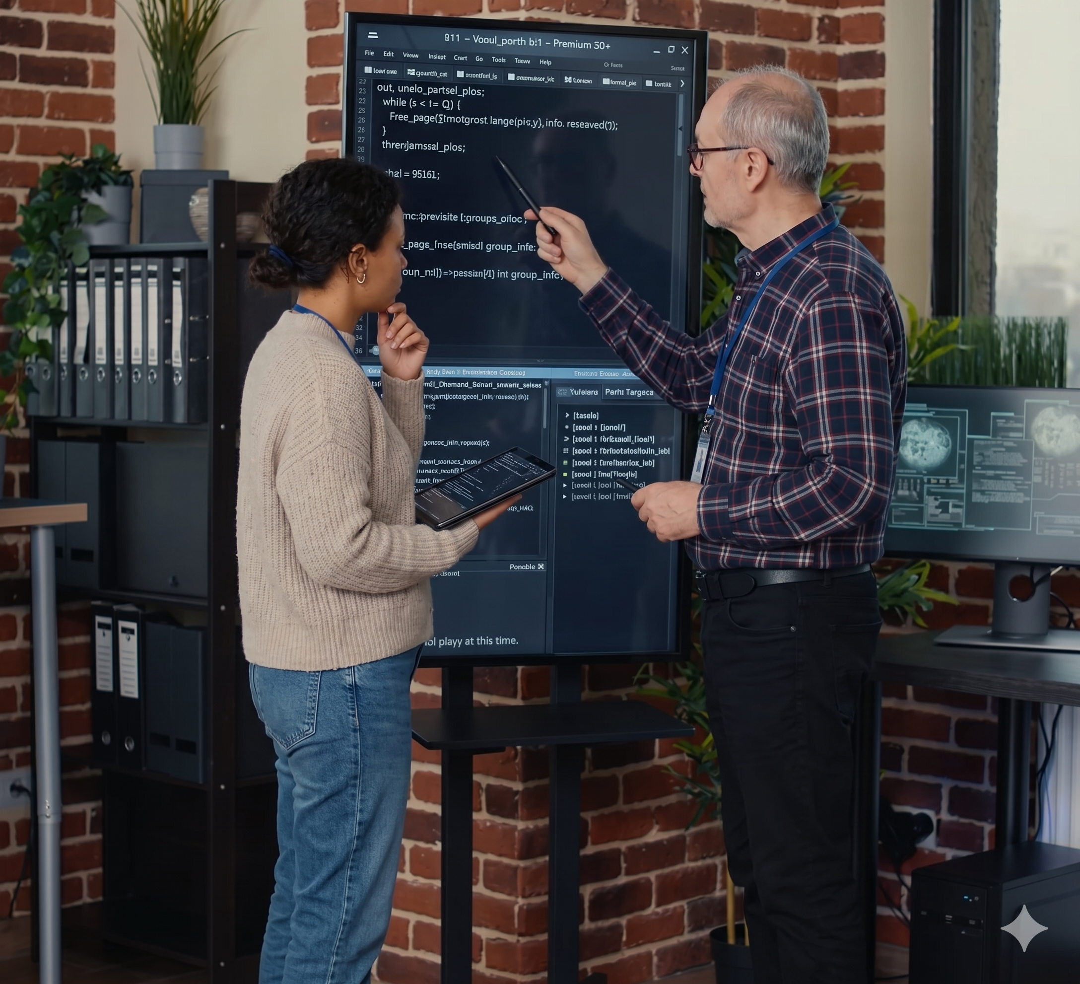 Two healthcare IT professionals analyzing network data in a server room