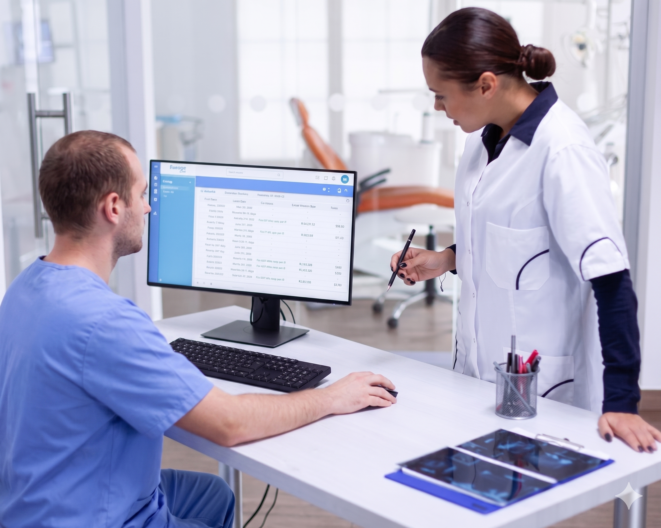 Medical professionals analyzing billing data on a computer screen